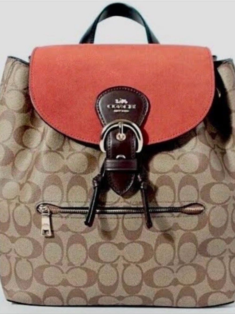 Coach Kleo Backpack Khaki Multi Signature Canvas C5693 - Brown W/Orange Suede